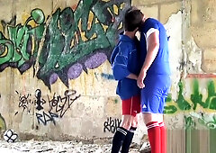 French sports coach fucks team player jock bareback outdoors