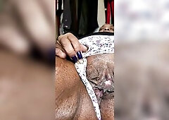 Wife pulled panty to the side for spouse to smell and smack her cum filled gap from final night