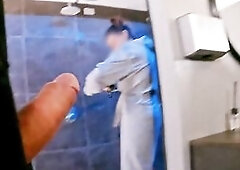 Last part of the swimming pool mixed restroom. I give a double dickflash to the 2 sluts. I get bare below the shower and the tattoed woman get nude al