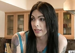 Tattooed trans Chelsea Marie kisses her bf and this chab sucks the t-girls large bazookas.The breasty tgirl is deepthroat facefucked and then that guy