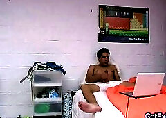 Dude jacking off his firm cock on bed 2