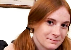 Spouse and wife screw cute redheaded babysitter with tiny breasts on daybed