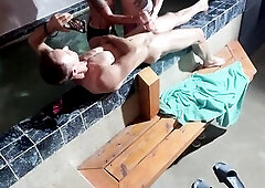 Sauna 3some with natural bazookas and breasty golden-haired