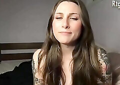 slim brunette transgirl with tattoos and sexy feet legs strokes her small cock