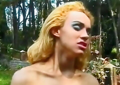 Claudia Hunter - Pretty Young Shemale In Red Lingerie Was Banged On The Cutting In A Forest