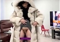 Asian sissy masturbates tiny dick in blue fox fur coat