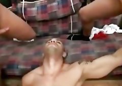 He is about to be drenched in this horny tranny gangbang