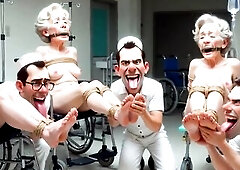 Resigned studs are assigned to foot duty in the elderly honeys’s asylum. They kneel and lick each wrinkle of the old ladies’ feet, sucking their t