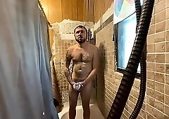 Hung Tattooed Man Wanking While Showering