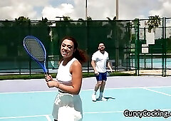 Curly ebony spinner gets on cock after tennis