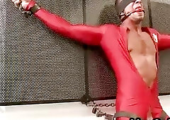 Muscled gay slut in latex is teased and dominated