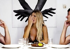 Tea Time with Cookies Ended in a Obscene Double Spunk flow All Over Ema Karter's Horny Face