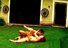 Hottie stands doggy fashion and gets fucked very hard.