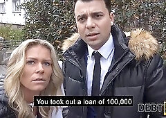 Impudent debt collector drags naive chick into quick affair