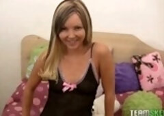 Adorable blond girl with nice smile, Aalyah likes to play with her dildo until she cums