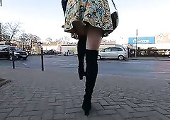 Super sexy gal flashing her super hot butt in public around town walk and shopping