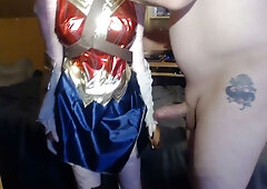 Mature woman in Wonder Woman costume receives passionate rear-entry lovemaking