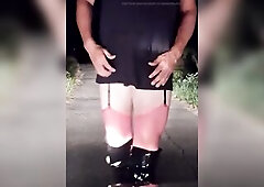 I was clothed and with plug and cage and the S-cup bazookas outdoors