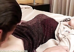 Skinny Oriental tranny in red pants gets her curly wang