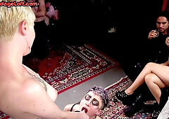 BDSM submissive lez licks lezdom feet in public for