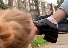 Blonde Lezdom Gets Her Feet In Stinky Socks Worshiped By A Female Slav