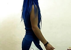 Gal with blue hair and femdom streak is striking some heartless ballbusting on that loser