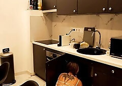 Short petticoat lover sexy golden-haired lustful secretary in the kitchen of the office gets bored and ignored to flash vagina and bare butt. Hot and 