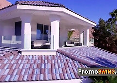 Super-Fucking-Hot dark haired is sitting on a stranger's ample cock during super-hot siwnger fuckfest!