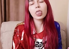 Toffina is on the set this day, playing with herself as Harley Quinn. This babe’s a tiny Russian gal with merry boobies and taut little holes. But t