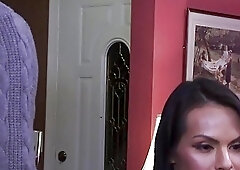 TS Foxxy serves his hunk guest a blowjob