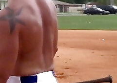 Baseball jock wanks cum during anal fucking