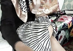 Step-stepmother is sitting on the sofa, looking at her satin scarves. Then u burst into the living room. U're late this day, did tying these scar