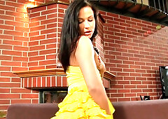 Slutty brunette with small tits strips and gets fucked on the couch
