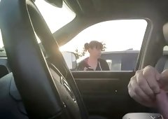 Naughty amateur babe watches a guy jerking off in the car
