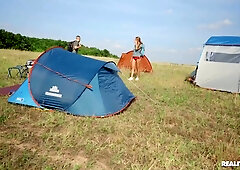 Zlata Shine and Samantha Sparkle pleasuring lucky dude in the field