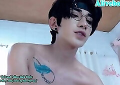 Slim Asian Tattooed Boy In Glasses Jerks On Webcam