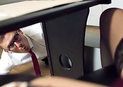 Katy Jane makes IT guy worship her tits mouth & pussy over her office desk