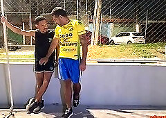 After the pickup game, the player and the coach are caught having sex behind the court.