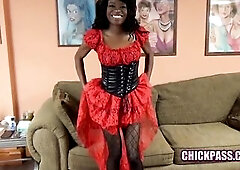 Black playgirl Melody Cummings is clothed as a hawt pirate sweetheart when this babe suggests Logan a oral-job, and goes down on her knees to gulp his
