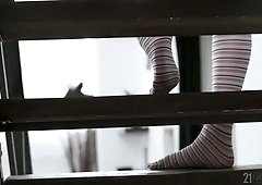 Beautiful girlfriend Sarah Cute gives footjob and gets fucked on the stairs