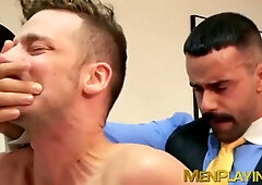 Businessmen relax and then have sex in their cozy office