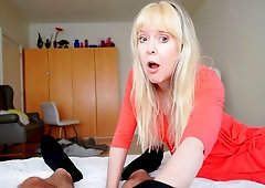 Sweet blonde with small tits Jamie Foster rides on a hard penis