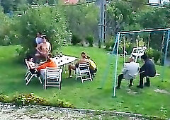 old and youthful, party sex in a garden