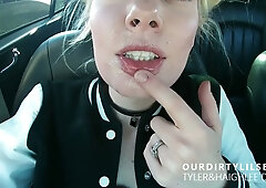 Young blonde teen with small breasts shares a hidden moment in public with her lover and ends up wearing his release on her face for everyone to see