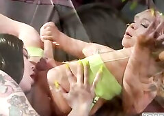 2 breasty shemales Gracie Jane and Angelina Please begin vehement giving a kiss whilst caressing and tit sucking ones large boobs and round booty. The