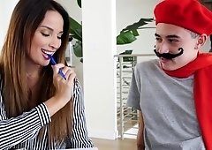 Teacher Anissa Kate sucks student under the table then fucks him on the sofa