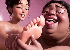 Unsightly corpulent SSBBW abased as a foot serf for a charming woman. This babe passionately licks and sucks her headmistress's feet whilst being