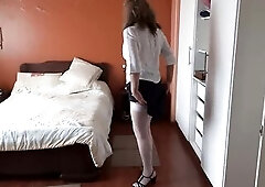 Getting clothed to go to work, our maid's stepson came in and made me aroused