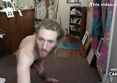 Lengthy Haired Man Doing Aerobics With His Dick Loose