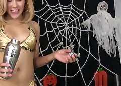 Pierced trans plays with her hard cock